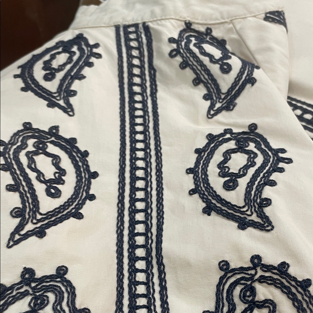 Beige Tiered Embroidered V-Neck Dress with Navy Trim - Picture 6 of 8